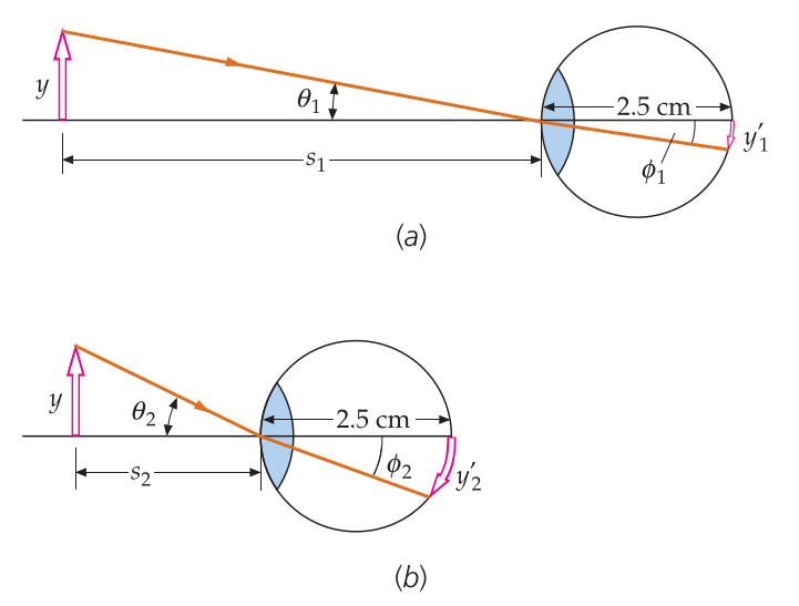 Na figura (b), o ângulo visual \phi_2 e a correspondente imagem (tamanho y_2') são maiores que na situação (a) pelo fato de o objeto estar mais próximo.